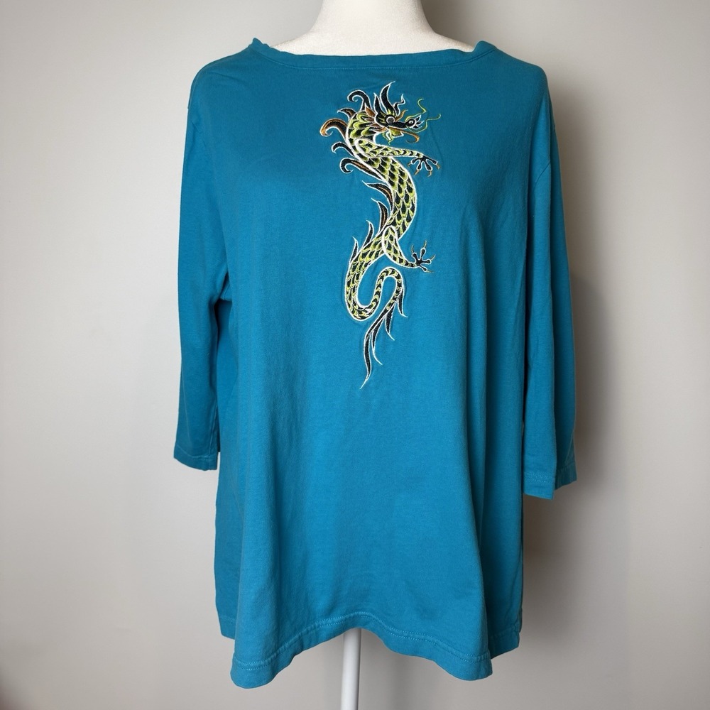 Vtg BOB MACKIE WEARABLE ART XL Blouse Tunic Dragon Teal Embroidered 90s Cotton